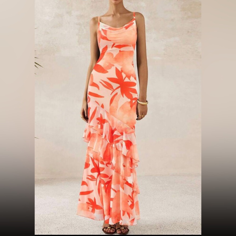 Sleeveless Orange Floral Ruffled Maxi Dress